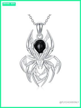 Natural Black Onyx Spider Necklace 925 Sterling Silver Pendant